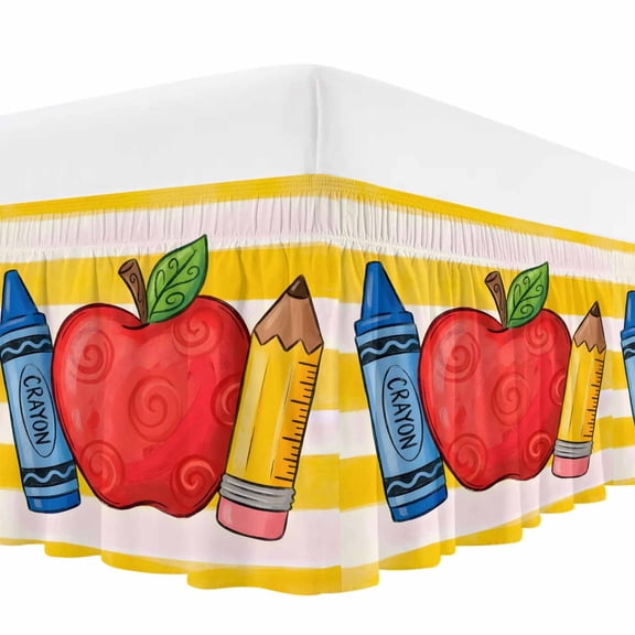 Red Fruit Bed Skirt Bed Skirts Queen Size 16 Inch Drop, Crayon Pencil Yellow Striped Childlike Cartoon Wrap Around Dust Ruffle Bedskirt with Adjustable Elastic Belt for Queen Size Beds