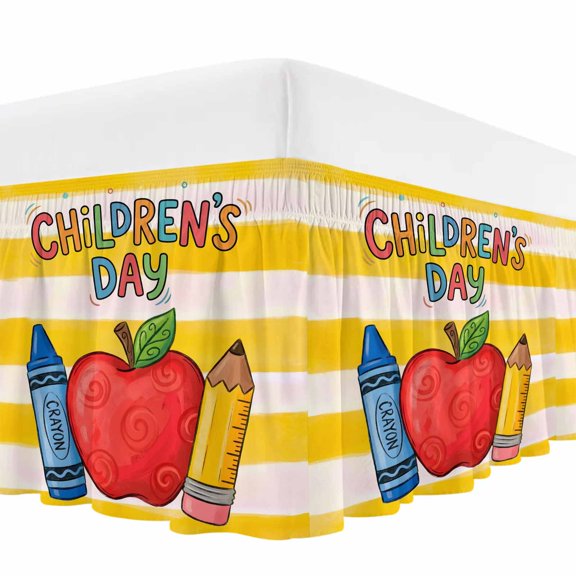 Red Fruit Bed Skirt California King Size 16 Inch Drop, Crayon Pencil Yellow Stripes Childlike Cartoon Wrap Around Dust Ruffle Bedskirt with Adjustable Elastic Belt for California King Size Beds