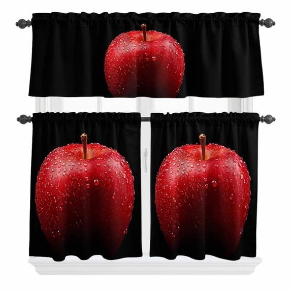 Red Fruit Curtain Valances Set Real Black Background Kitchen Curtains 36 inch Length Rod Pocket Valance and Tiers 3 Piece Set Small Bedroom Bathroom Laundry Decor