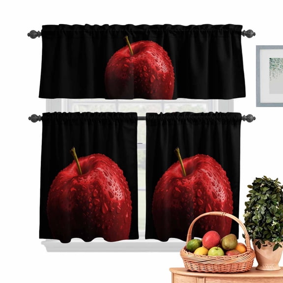 Red Fruit Kitchen Curtains Valances 3 Piece Set, Berry Drops Black Background Modern Art Rod Pocket Tier Curtain and Valance Drapes for Small Window 24 Inch Length for Bedroom Cafe