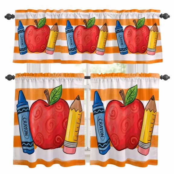 Red Fruit Kitchen Curtains Valances and Tiers Set of 3 Crayon Pencil Orange Striped Childlike Cartoon Tier Curtains and Valance with Rod Pocket for Small Windows, 27.5"x24"
