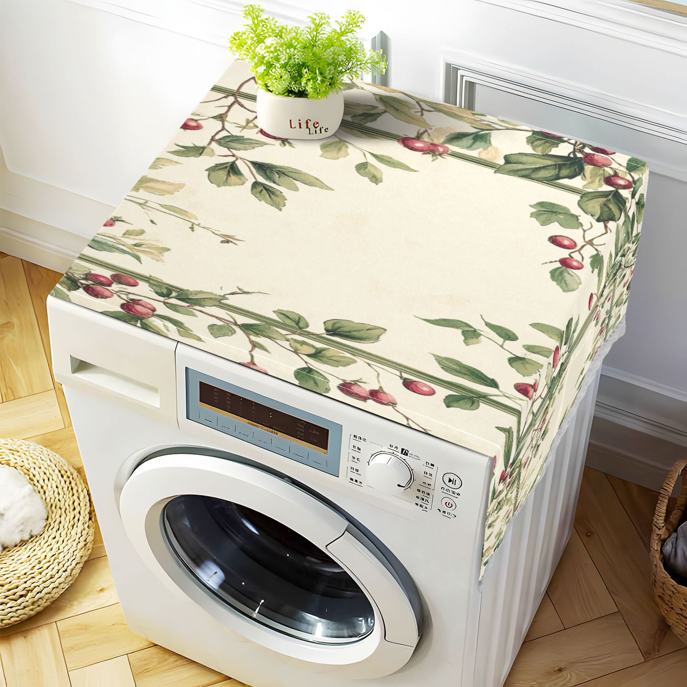 Red Fruit PatternWasher and Dryer Covers Dust-Proof and Oil Resistant Fridge Cover with 4 Storage Pockets Washing Machine Top Cover for Laundry Kitchen Home 51.2 x 22 In
