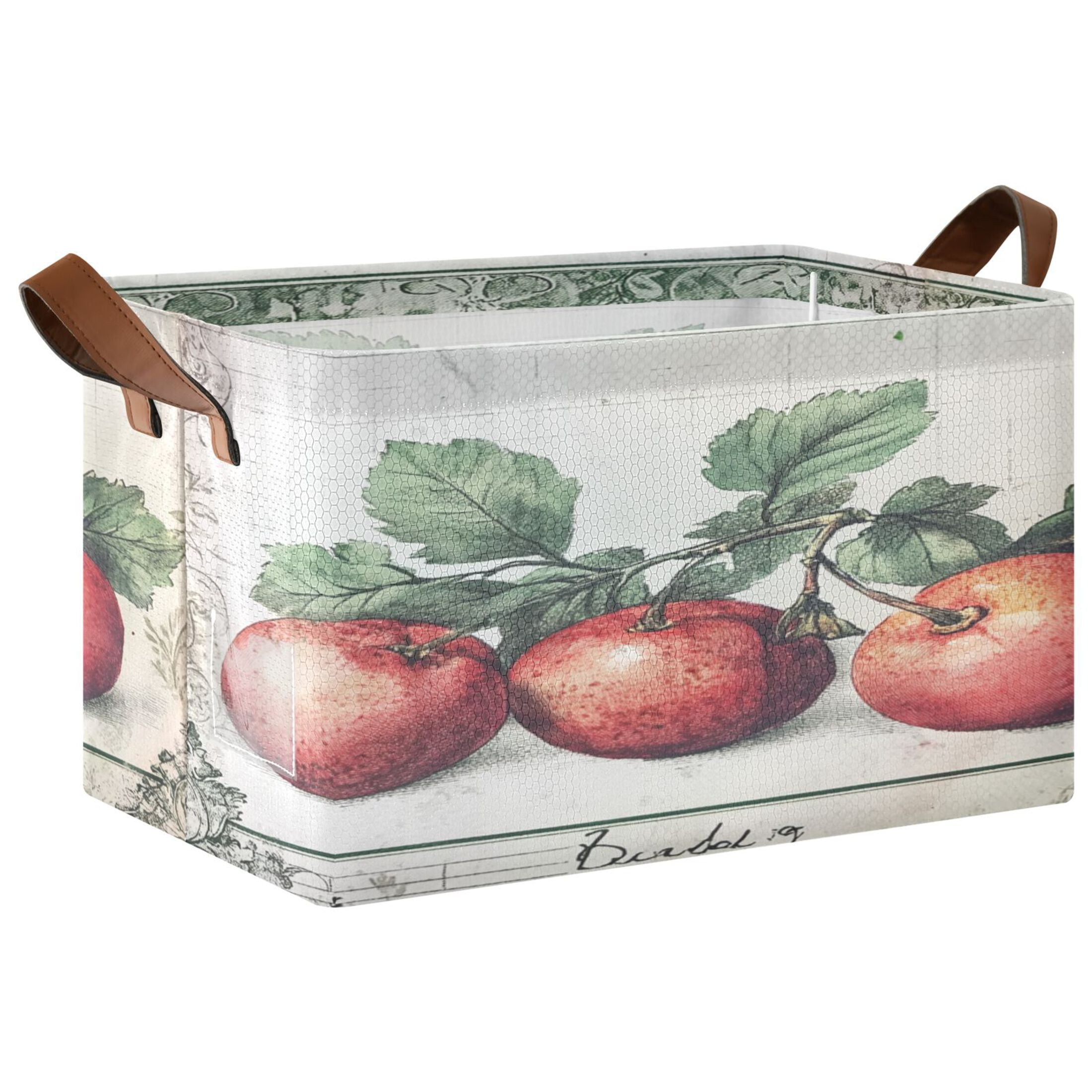 Red Fruit Picture Storage Basket Soccer Plaid Fabric Hoard Box Oversized Collapsible Closet Organizer with Metal Iron Frame 16.9×11.4×10in