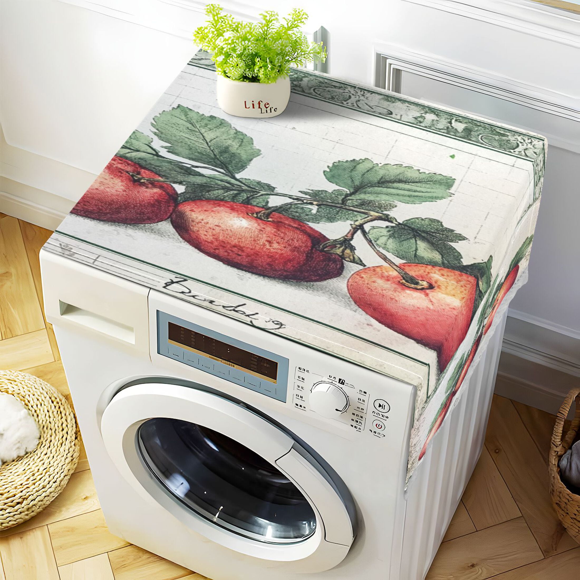 Red Fruit PictureWasher and Dryer Covers Dust-Proof and Oil Resistant Fridge Cover with 4 Storage Pockets Washing Machine Top Cover for Laundry Kitchen Home 51.2 x 22 In