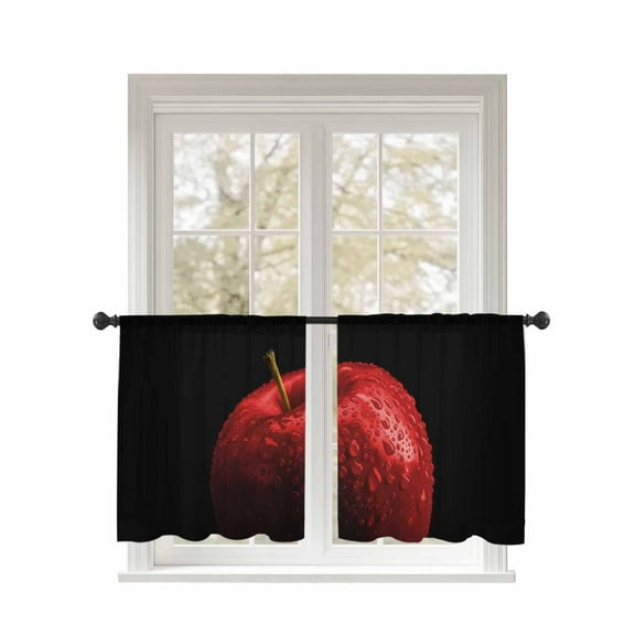 Red Fruit Sheer Curtains 2 Panels Set Berry Drops Black Background Modern Art Lihgt Filtering Rod Pocket Voile Drape, Semi Sheer Window Curtains for Bedroom Living Room, 52"x45"
