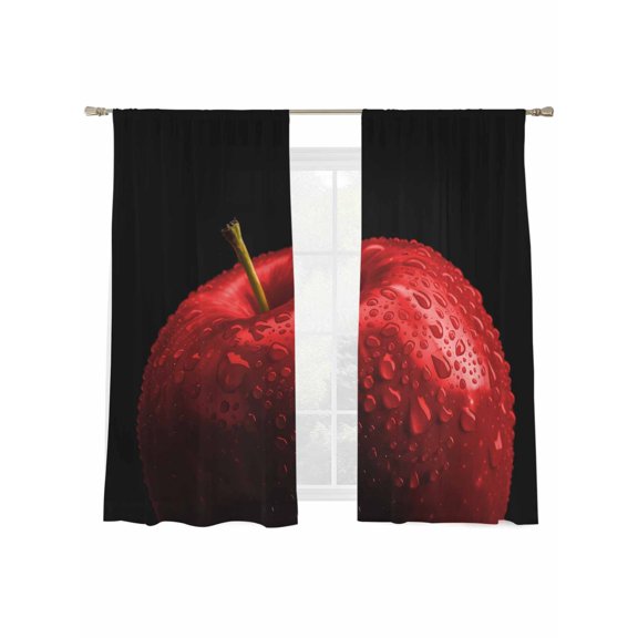 Red Fruit Sheer Curtains 2 Panels Set Berry Drops Black Background Modern Art Sheer Window Curtains Light Filtering Rod Pocket Voile Drapes for Bedroom Living Room 52"X72"