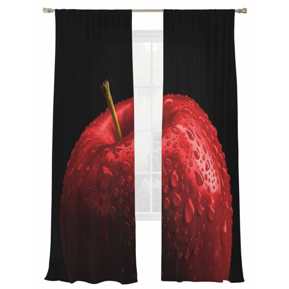 Red Fruit Sheer Curtains 84 Inch Long 2 Panels, Berry Drops Black Background Modern Art Light Filtering Rod Pocket Semi Sheer Curtains, Sheer Voile Drapes for Living Room Bedroom, 52"x84"