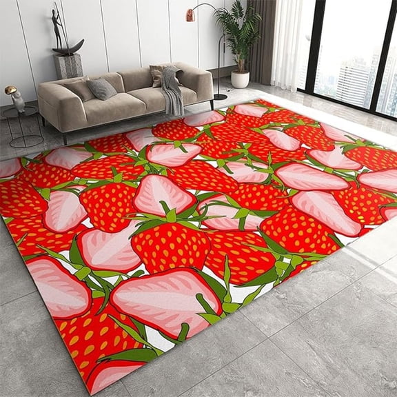 Red Fruit Strawberry Area Rug, Green Fresh Slices Soft Washable Rug, Anti-Slip Backing Decorative Rug For Living Room Bedroom Kitchen Dining Room Home Rug Laundry Room Rug 1x2ft