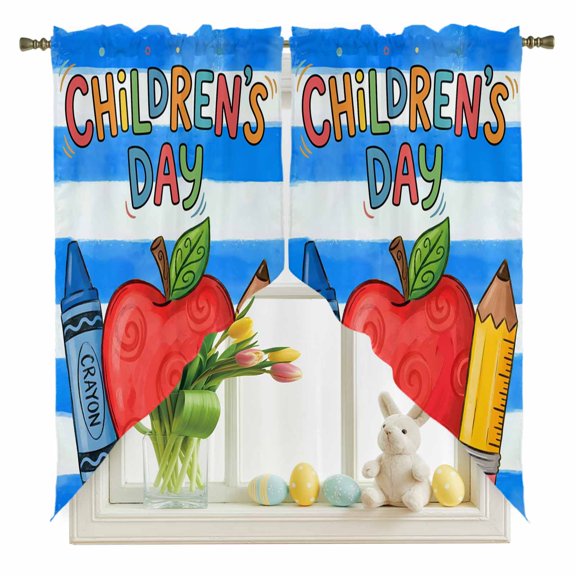 Red Fruit Swag Kitchen Curtain Valances, Crayon Pencil Blue Stripes Childlike Cartoon Rod Pocket Curtains Window Treatment Decor Valances for Bedroom Bathroom, 2 Panels 36 x 36 Inch
