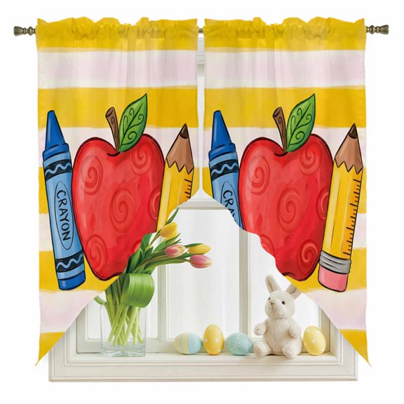 Red Fruit Swag Kitchen Curtain Valances, Crayon Pencil Yellow Striped Childlike Cartoon Rod Pocket Curtains Window Treatment Decor Valances for Bedroom Bathroom, 2 Panels 36 x 36 Inch