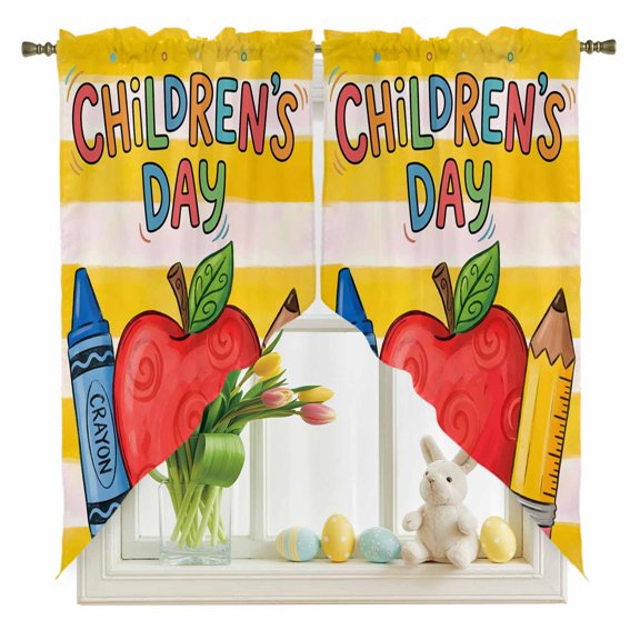 Red Fruit Swag Kitchen Curtain Valances, Crayon Pencil Yellow Stripes Childlike Cartoon Rod Pocket Curtains Window Treatment Decor Valances for Bedroom Bathroom, 2 Panels 28 x 36 Inch