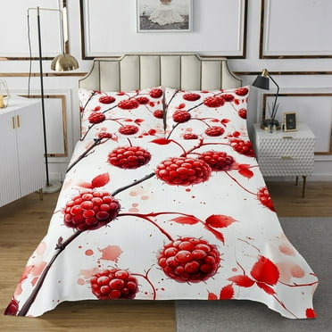 Red Fruit Twin Size Bedspread Sets,Geometric Raspberry Bedding Set for Teens,Ombre Succulent Botanical Coverlet Set,Watercolor Pastel Bed Set with 1 Pillow Case Bedroom Decor