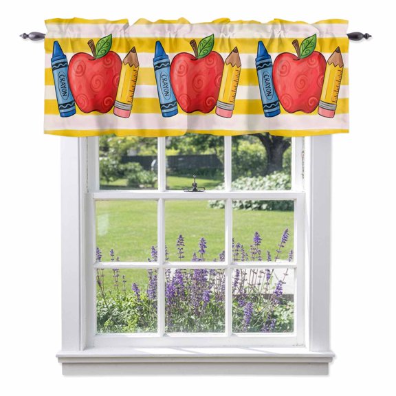 Red Fruit Valances for Windows Crayon Pencil Yellow Striped Childlike Cartoon Rod Pocket Cafe Window Treatments Valance Curtains for Kitchen Bathroom Laundry Basement Windows 60"x18"