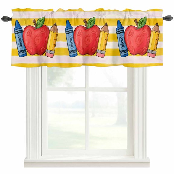 Red Fruit Valances for Windows Crayon Pencil Yellow Striped Childlike Cartoon Rod Pocket Curtain Valance Window Treatment Short Curtains for Kitchen Living Room, 42"x12"