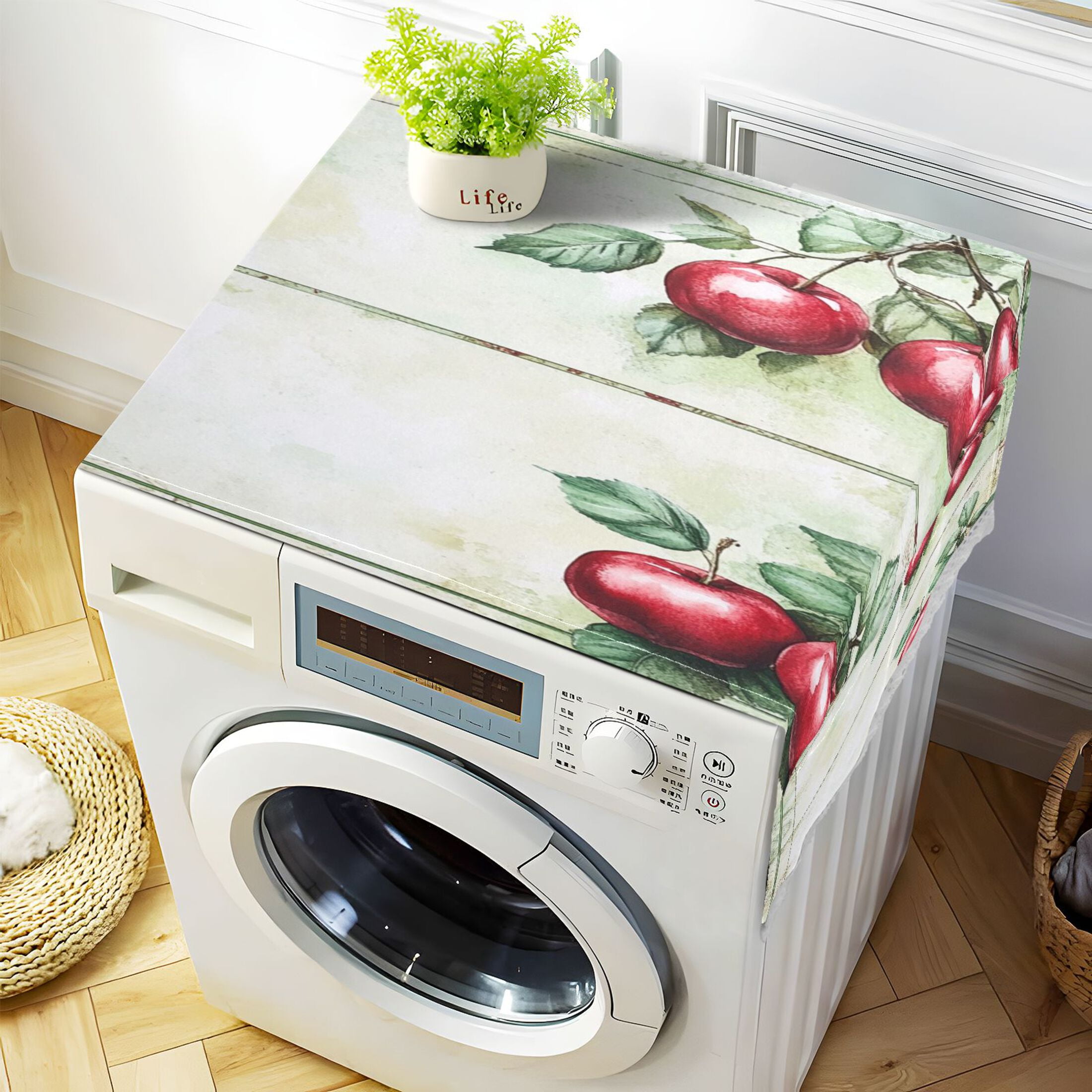 Red FruitWasher and Dryer Covers Dust-Proof and Oil Resistant Fridge Cover with 4 Storage Pockets Washing Machine Top Cover for Laundry Kitchen Home 51.2 x 22 In