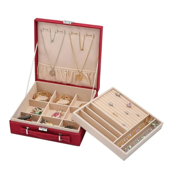 Jewelry Box Burgundy Faux Velvet Briefcase 2Tier AntiTarnish Scratch Interior