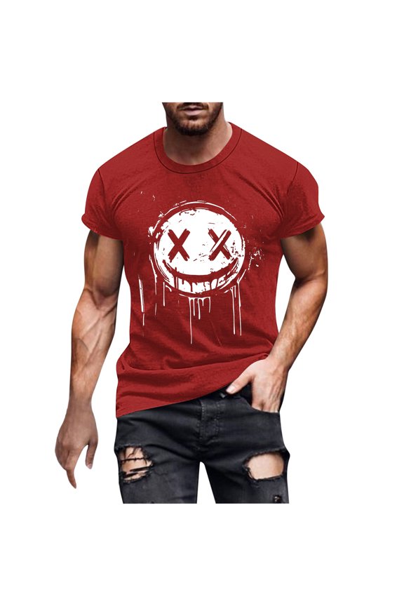Red Funny Happy Vacation Halloween Brunch T Shirt for Man Summer Fall Short Sleeve Crewneck Skeleton Graphic Tee Shirt Tops Man 2026 Clothes Trendy Regular Fit 3XL
