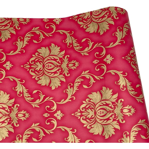Red Furniture Liner for Dresser Top Protector Gold Damask Removable Wallpaper Peel and Stick Drawer Shelving Paper 17.7 inch Wide (L-354.3x17.7 Inch)