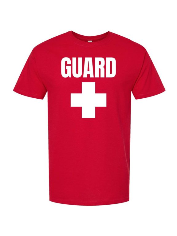 Red GUARD T-Shirt - White Cross Lifeguard Tee, Double-Sided Print, Cotton Crewneck for Men & Women (X-Large)