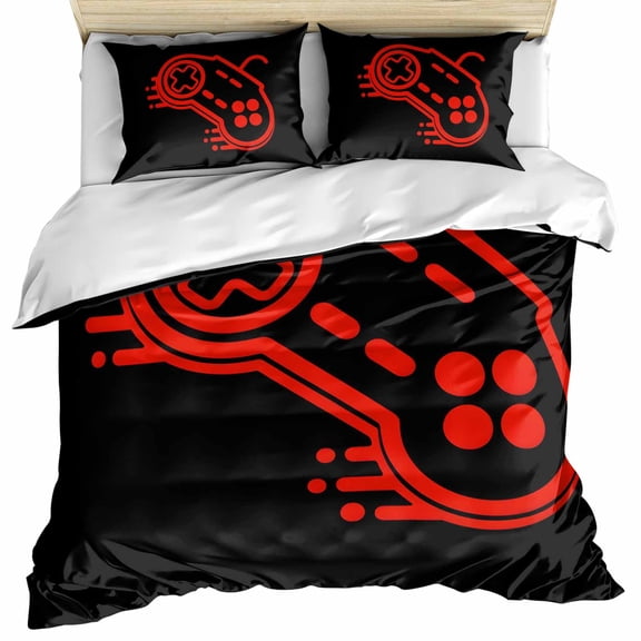 Red Game Controller Bedding 3 Piece Duvet Cover Set Twin Size, Modern Art Gaming Handheld Black Soft Microfiber Comforter Cover with Zipper Closure & Pillowcases, Wrinkle & FadeResistant Quilt Cover