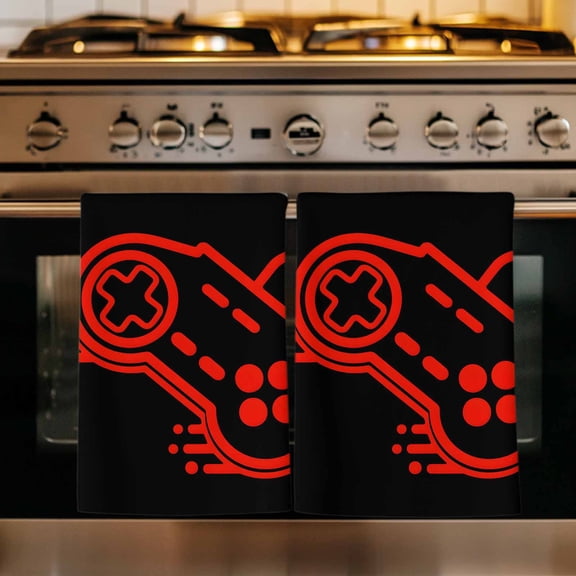 Red Game Controller Kitchen Towels Set of 1, Modern Art Gaming Handheld Black Absorbent Dish Towels for Kitchen, Microfiber Hand Towel, Quick Drying Tea Towel for Cleaning Decorative Dishcloths
