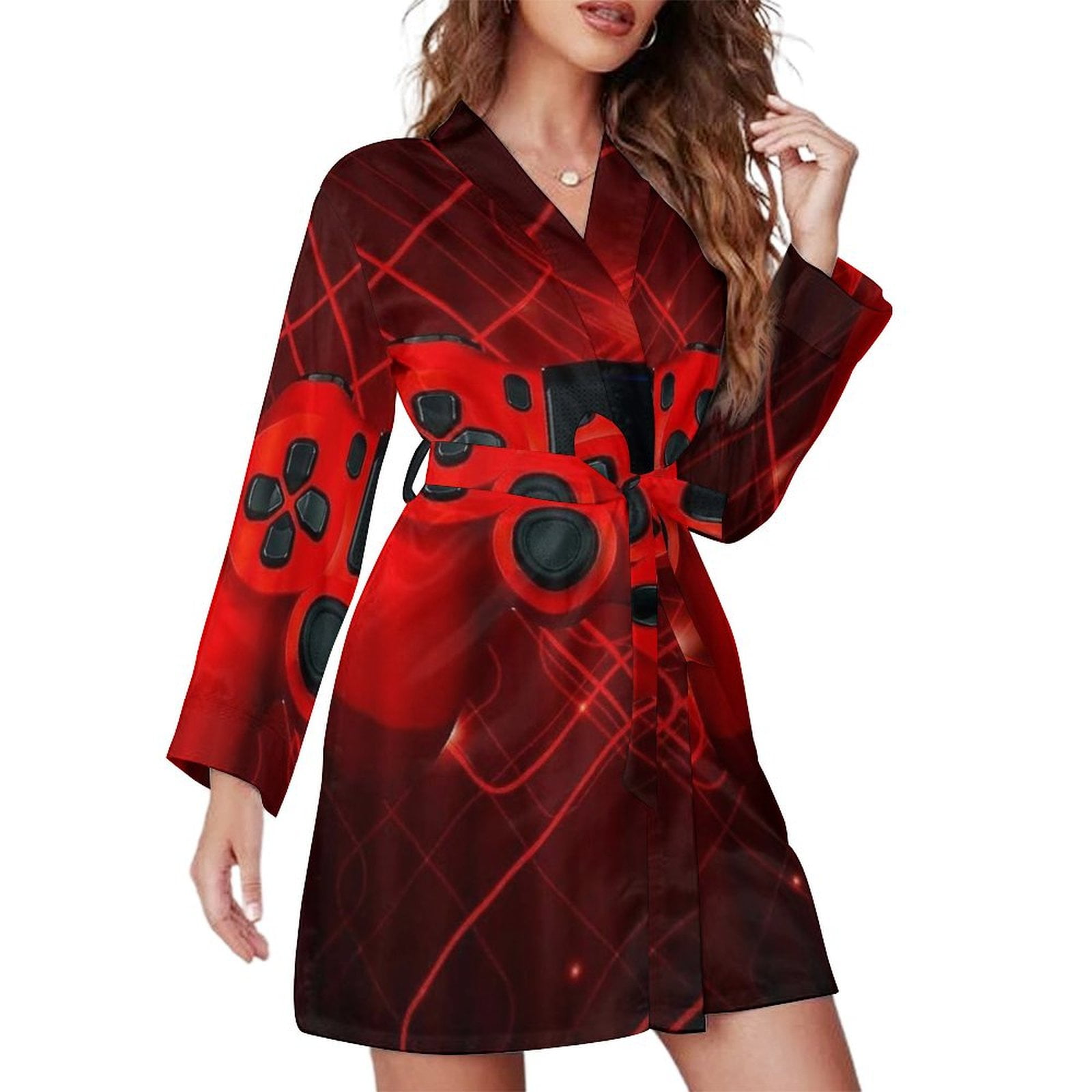 Red Game Controller Night Robe Long Sleeve V Neck Robe With Belt Women ...