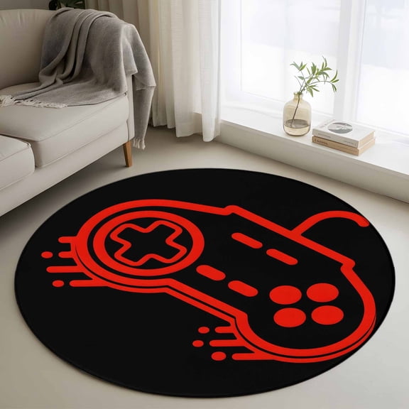 Red Game Controller Round Rug 3ft Washable Circle Entryway Rugs Non Slip Modern Art Gaming Handheld Black Area Rug Indoor Floor Carpet for Bedroom Kitchen Living Room Home Office Dining Room Nursery