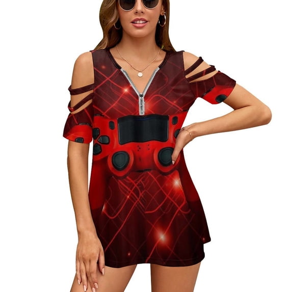 Red Game Controller Womens Summer V Neck Zipper Top Short Sleeve T Shirt Off Shoulder Top Casual Classy Loose Shirts