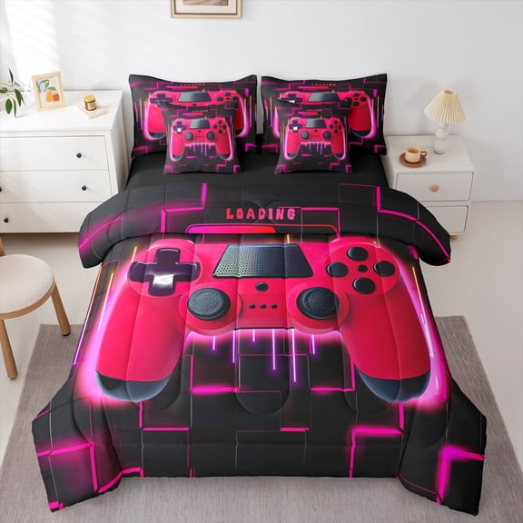 Red Gaming Comforter Set 7 Piece Bed in a Bag Twin,Gamer Bedding Sets Neon Lights Abstract Geometry Sheet Set with Comforter Gamer Room Decor for Boys