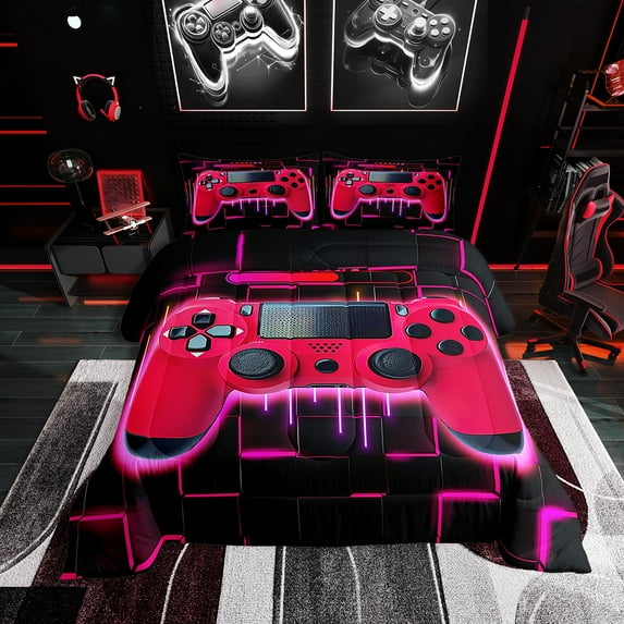 Red Gaming Full Size Comforter Sets - Gamer Comforter Full Size Bedding Set, Neon Lights Abstract Geometry Design Gamer Room Decor