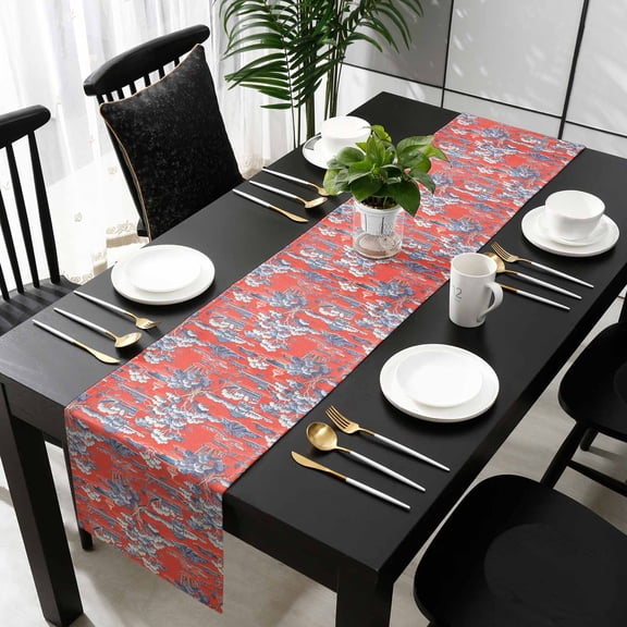 Red Garden Cotton Linen Table Runner 13 x 70 inch Modern Art Retro Building Trees Landscape Non-slip Rectangular Dining Table Decor for Wedding Party Holiday Dinner