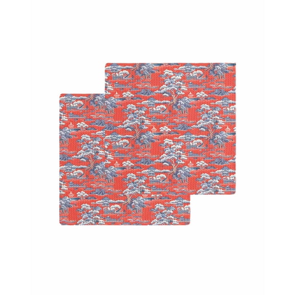 Red Garden Kitchen Dish Towels for Drying Dishes Set of 2, Modern Art Retro Building Trees Landscape Waffle Weave Microfiber Terry Hand Tea Bathroom Towels Quick Dry & Absorbent Towel 12x12