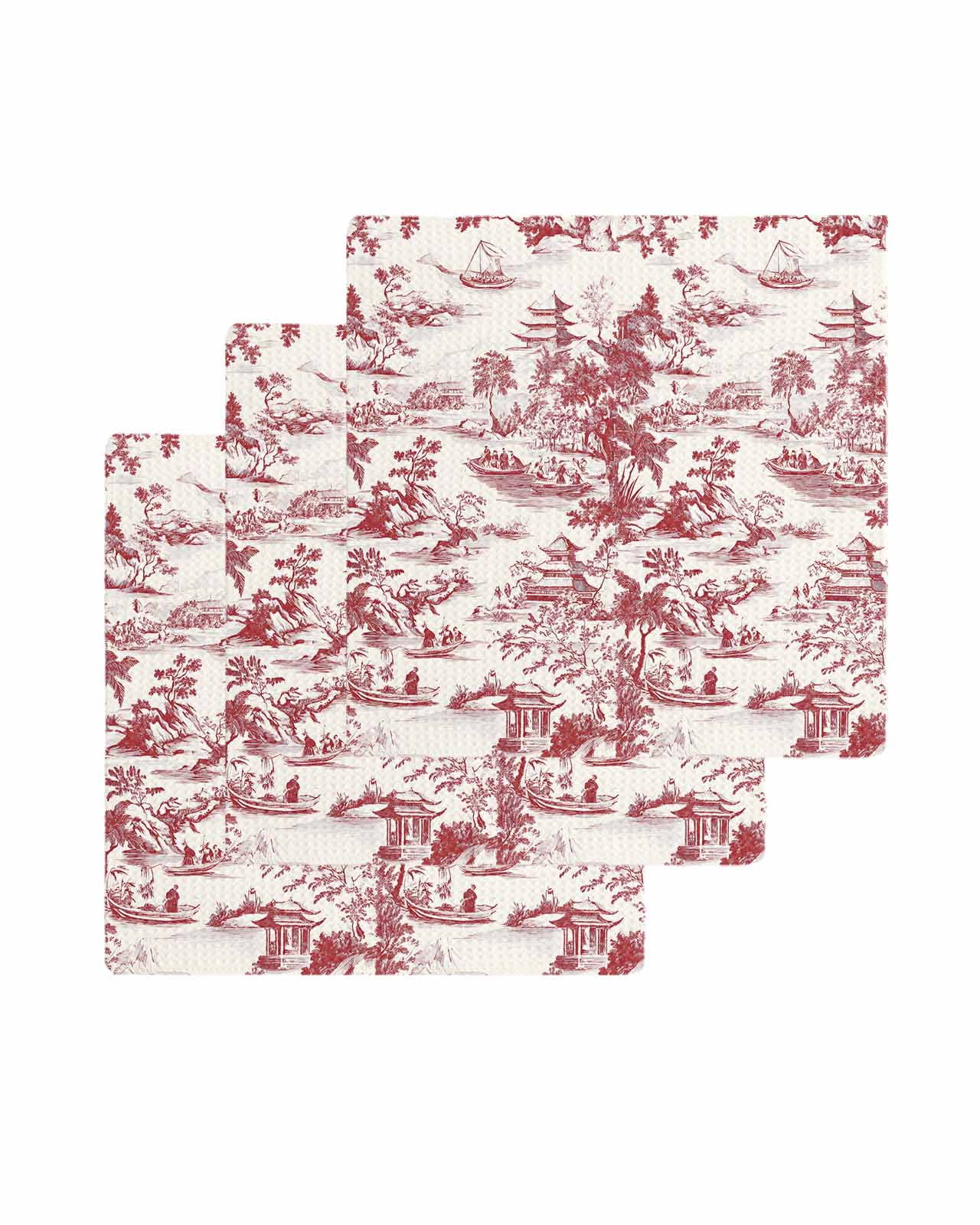 Red Garden Retro Kitchen Dish Towels for Drying Dishes Set of 3, Modern Art Building Tree Boat Waffle Weave Microfiber Terry Hand Tea Bathroom Towels Quick Dry & Absorbent Towel 12x12