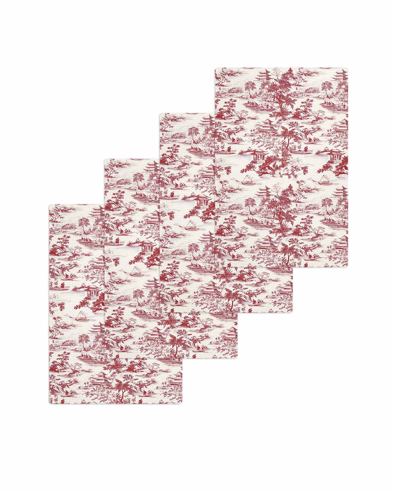Red Garden Retro Kitchen Dish Towels for Drying Dishes Set of 4, Modern Art Building Tree Boat Waffle Weave Microfiber Terry Hand Tea Bathroom Towels Quick Dry & Absorbent Towel 15.7x23.6