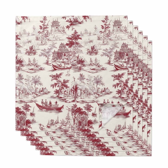 Red Garden Vintage Cloth Napkins, Modern Art Building Boat Tree Washable and Reusable Dinner Napkins Set of 6, Table Napkin for Kitchen Party Birthday Wedding Hotel Housewarming 20"x20"