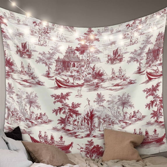 Red Garden Vintage Tapestry for Bedroom Wall Hanging Tapestry, Modern Art Building Boat Tree Ceiling Backdrop Tapestries Poster Blanket Wall Decor for Teens Room Living Room Dorm 51" x 59"