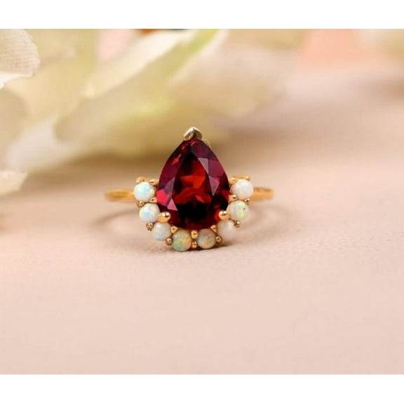 Red Garnet And Opal Ring, Bridesmaid Gifts, Birthstone Ring, Garnet Wedding Ring, Promise Ring, Pear Cut Bridal Ring, 14K Rose Gold Plated Ring