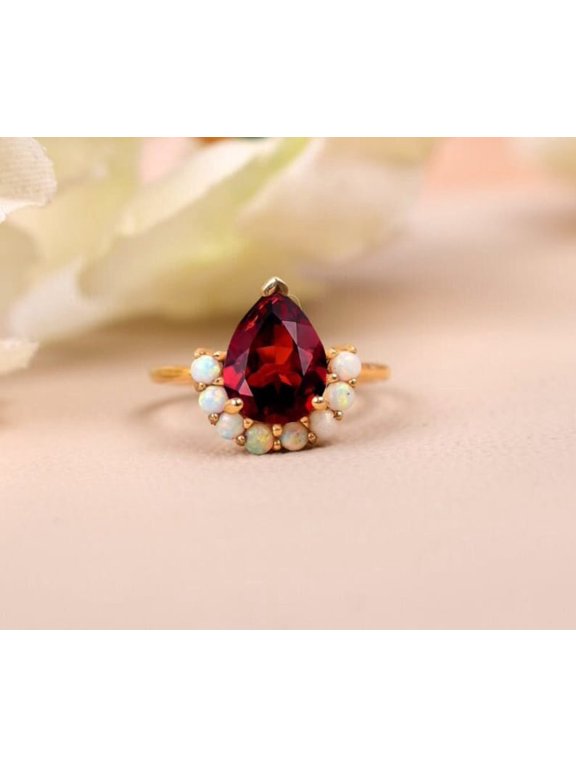 Red Garnet And Opal Ring, Bridesmaid Gifts, Birthstone Ring, Garnet Wedding Ring, Promise Ring, Pear Cut Bridal Ring, 14K Rose Gold Plated Ring