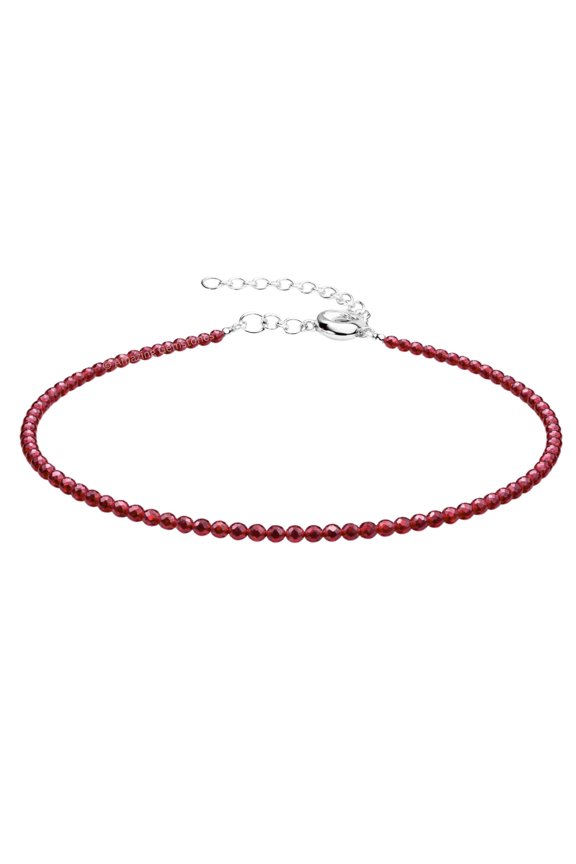 Red Garnet Anklet Bracelet, 2mm Faceted Beaded Adjustable Anklet, Minimalist Silver Plated Jewelry