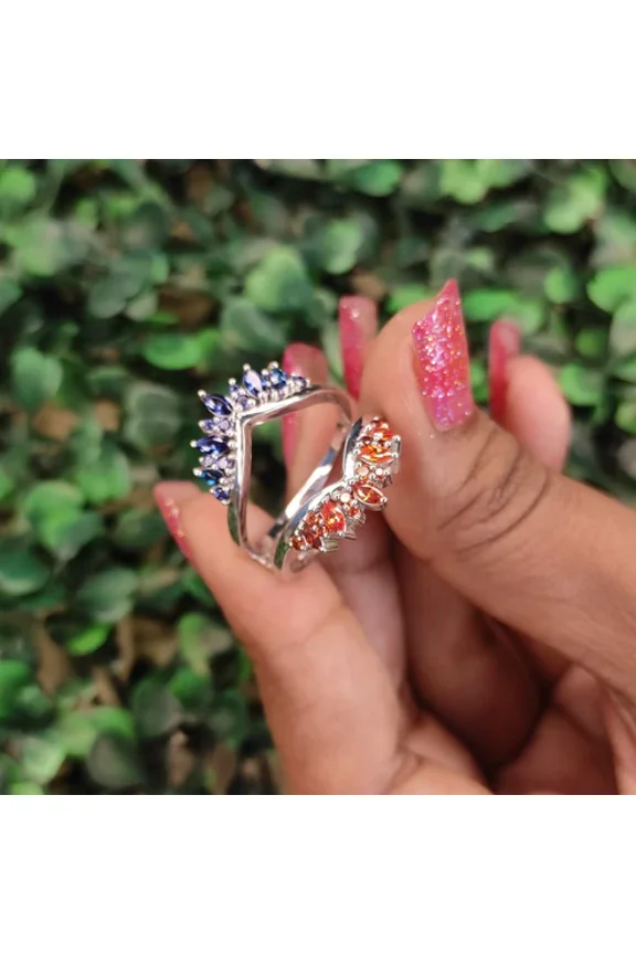 Red Garnet & Blue Sapphire Ring Guard – Double Curved Duo Birthstone Ring Jacket Wrap, Handmade Wedding Jewelry