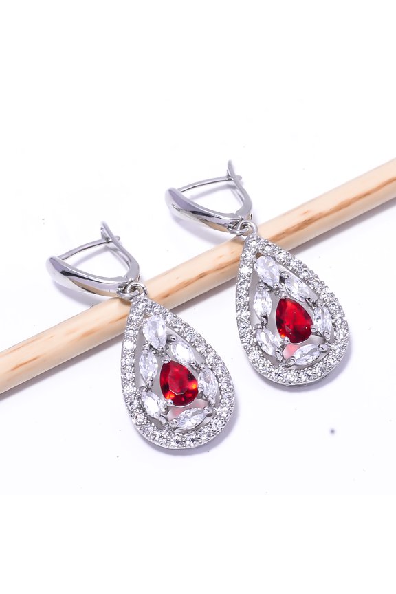 Red Garnet & Cubic Zirconia Gemstone 925 Sterling Silver Earring 1.64" E3 , New Year Gift, New Year Sale, Valentin's Day Gift