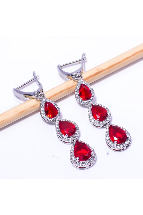 Red Garnet & Cubic Zirconia Gemstone 925 Sterling Silver Earring 2.11" E11 , New Year Gift, New Year Sale, Valentin's Day Gift