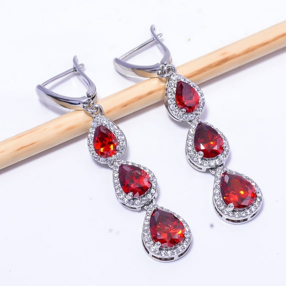 Red Garnet & Cubic Zirconia Gemstone 925 Sterling Silver Earring 2.11" E12 , New Year Gift, New Year Sale, Valentin's Day Gift