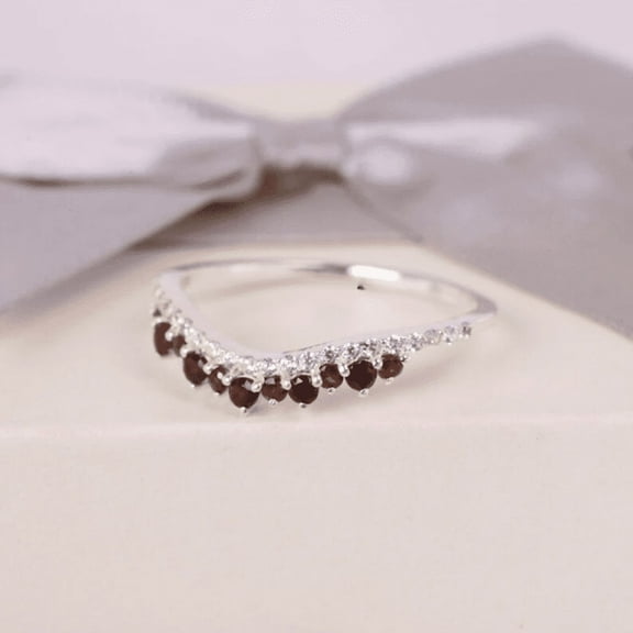 Red Garnet Diamond Ring in 14k White Gold Finish - Wedding Band - Curved Ring - Vintage Round Garnet Stackable Band for Women