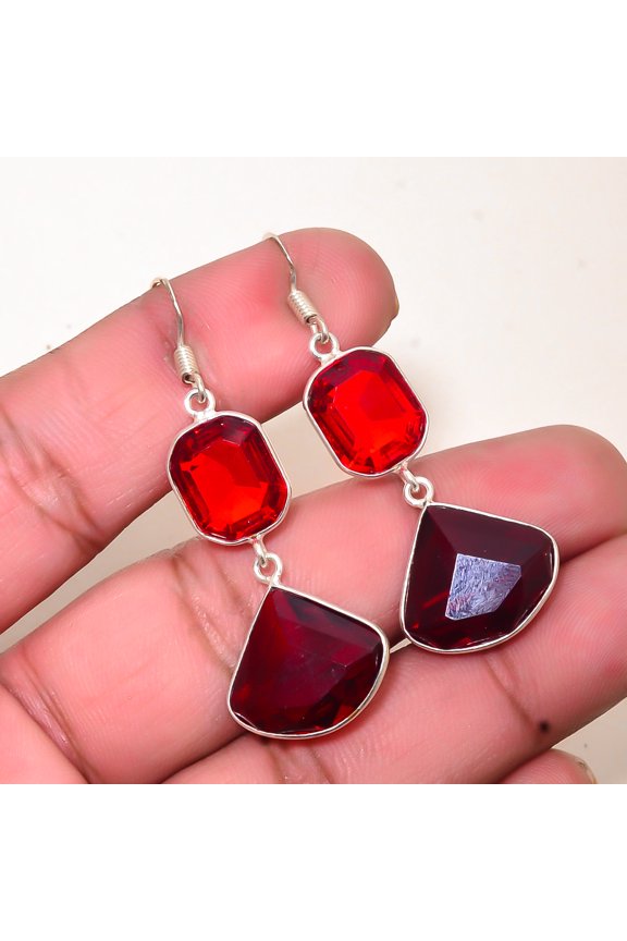 Red Garnet Gemstone 925 Sterling Silver Handmade Bezel Earring 1.95" E40