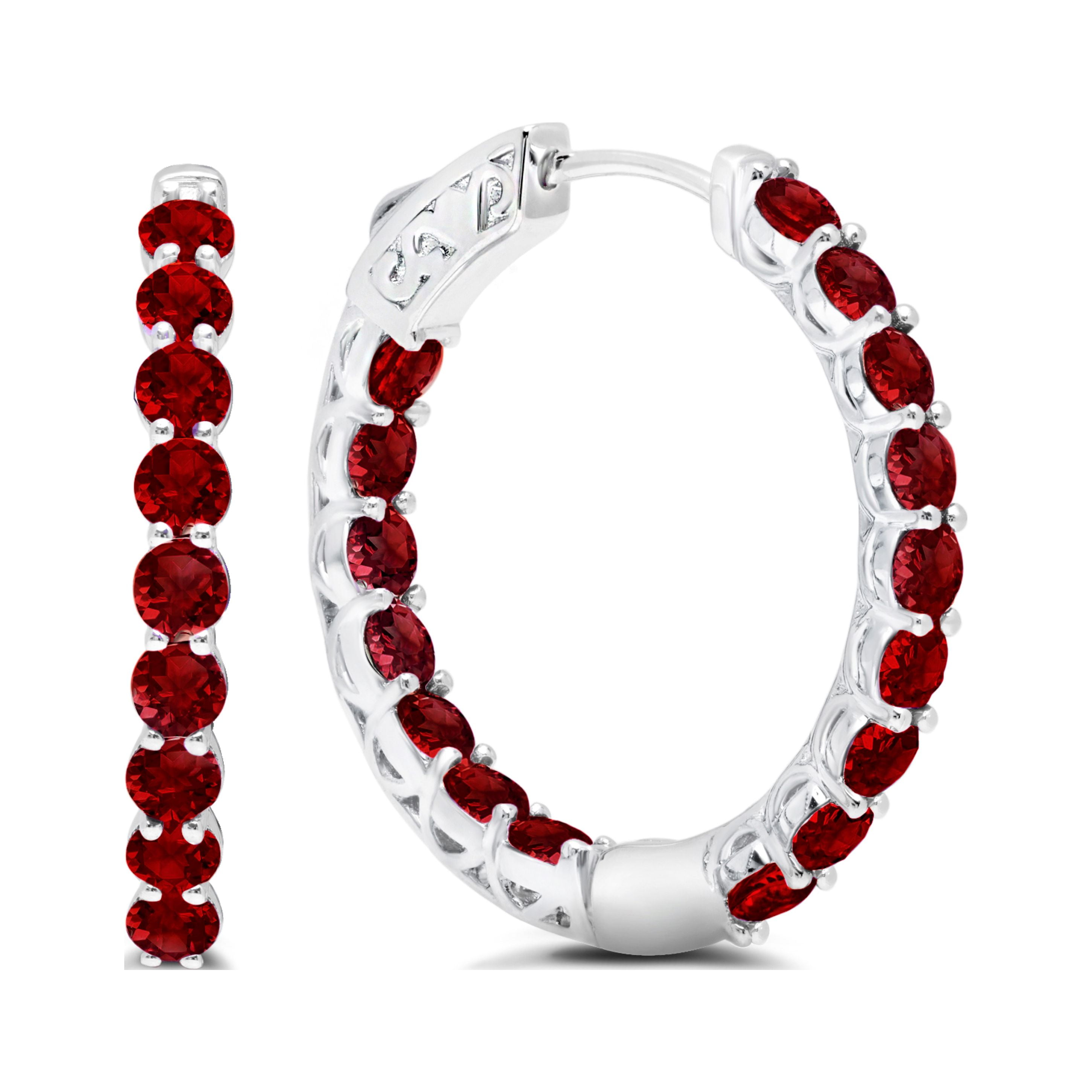 Red Garnet Inside Out Hoop Earrings for Women in 925 Sterling Silver 1 Inch Diameter and 3mm January Birthstone with Notched Post with Lock by MAX + STONE