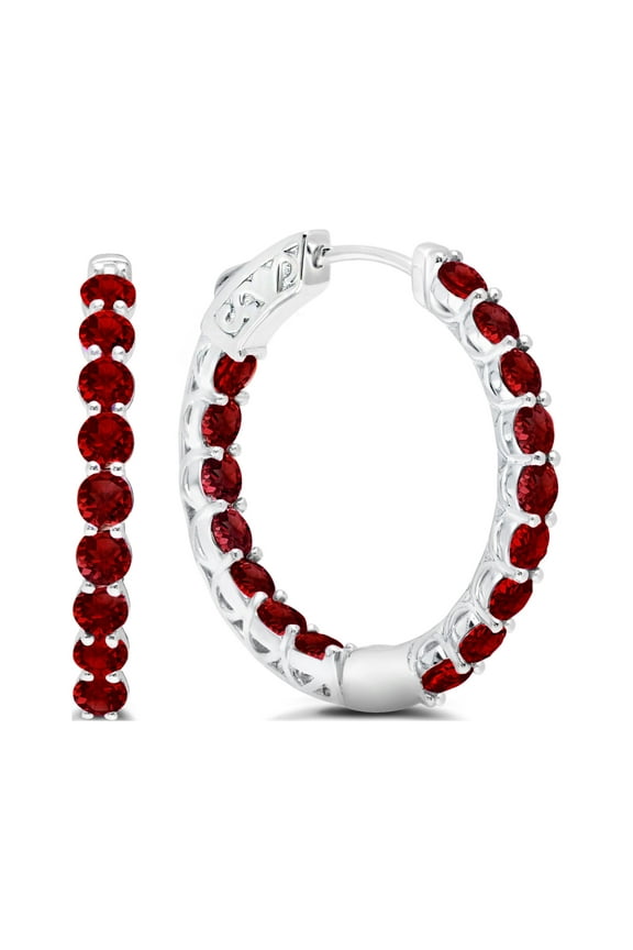 Red Garnet Inside Out Hoop Earrings for Women in 925 Sterling Silver 1 Inch Diameter and 3mm January Birthstone with Notched Post with Lock by MAX + STONE