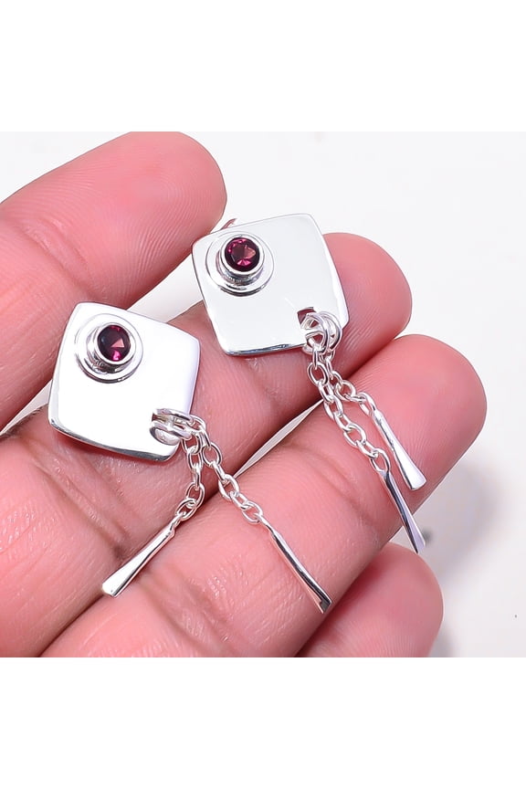 Red Garnet - Mozambique Gemstone 925 Sterling Silver Handmade Earring 1.72" E13, Birthday Gift, Christmas Gift, New Year Sale