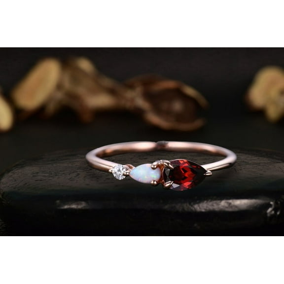 Red Garnet Opal Engagement Ring,Pear Cut Gems,Art Deco Moissanite Wedding Band Bridal Promise gift
