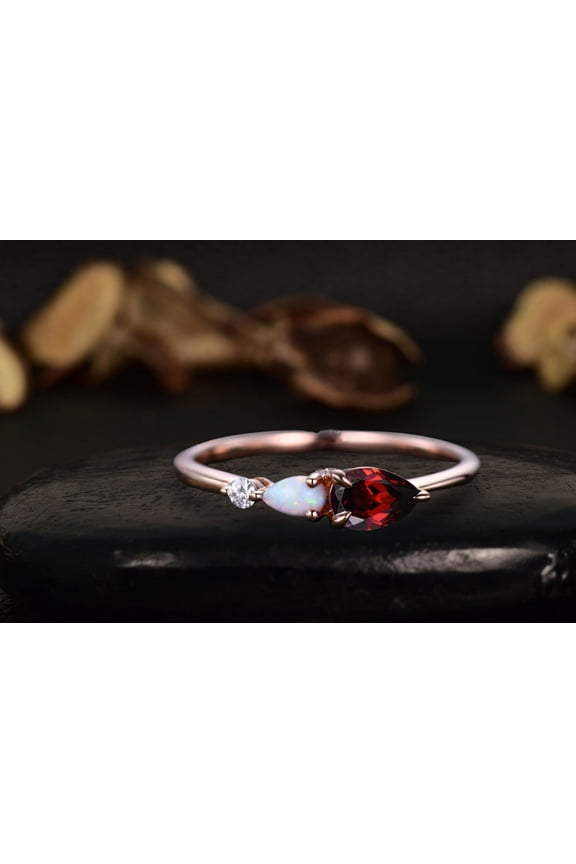 Red Garnet Opal Engagement Ring,Pear Cut Gems,Art Deco Moissanite Wedding Band Bridal Promise gift